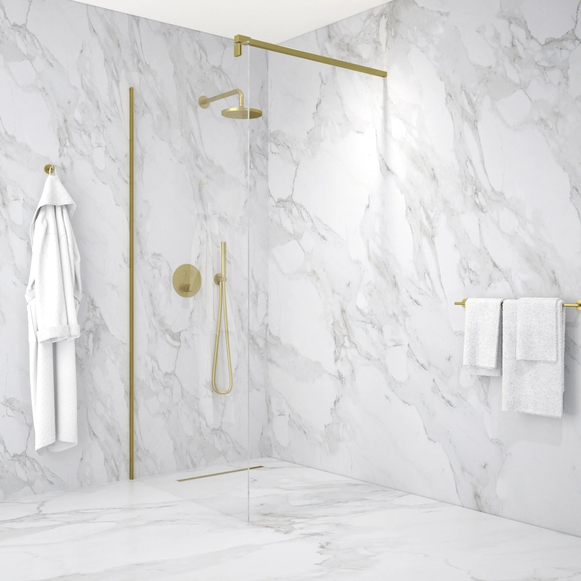 Marble shower with brass fixtures design reference